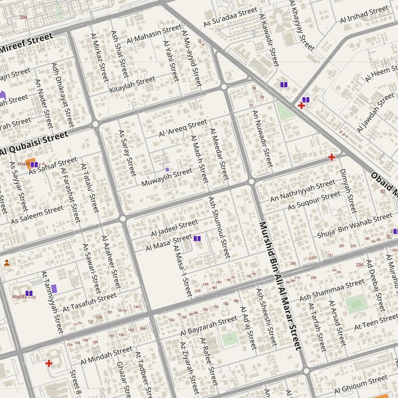 Abu Dhabi map with house numbers, hospitals, police and fire stations — printable PDF, United Arab Emirates