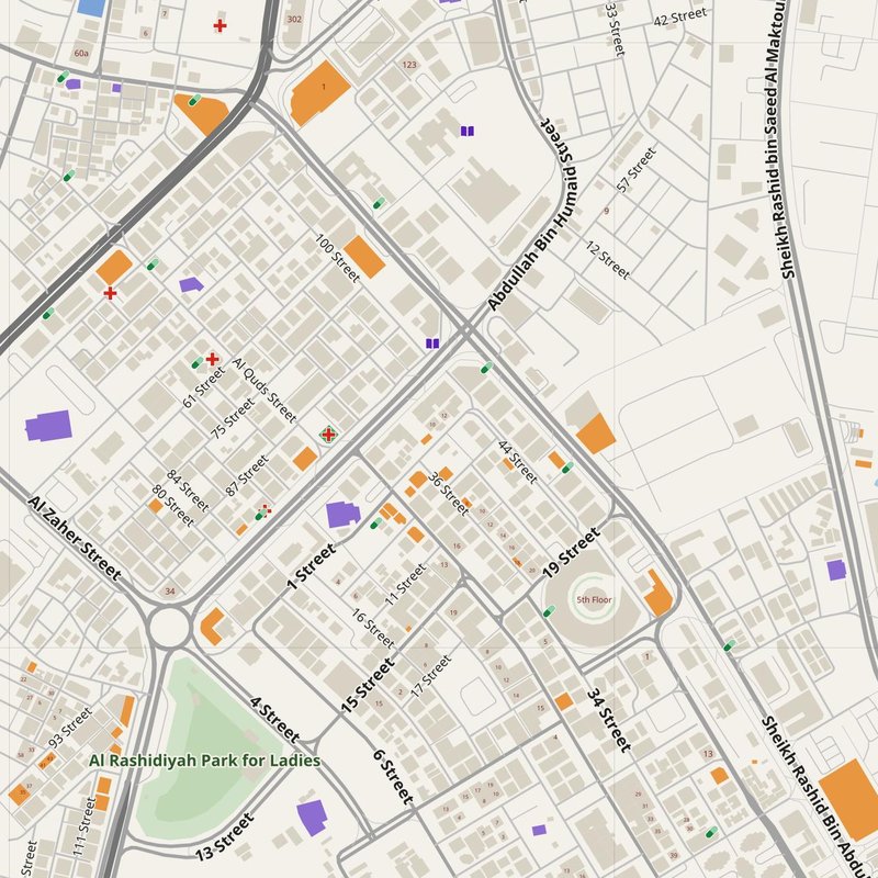 Ajman map with house numbers, hospitals, police and fire stations — printable PDF, United Arab Emirates