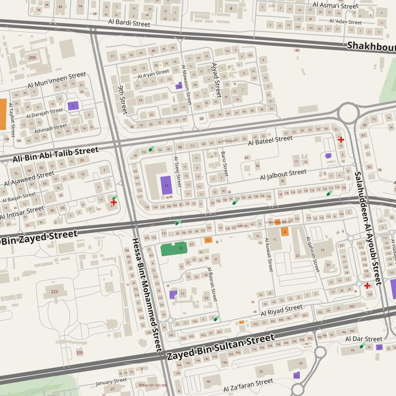 Al Ain City map with house numbers, hospitals, police and fire stations — printable PDF, United Arab Emirates