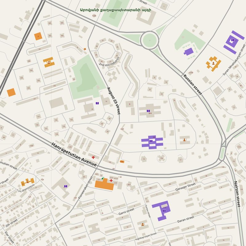 Abovyan map with house numbers, hospitals, police and fire stations — printable PDF, Armenia