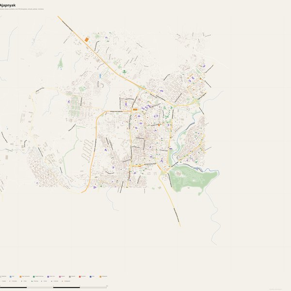 Ajapnyak map with house numbers, hospitals, police and fire stations — printable PDF, Armenia