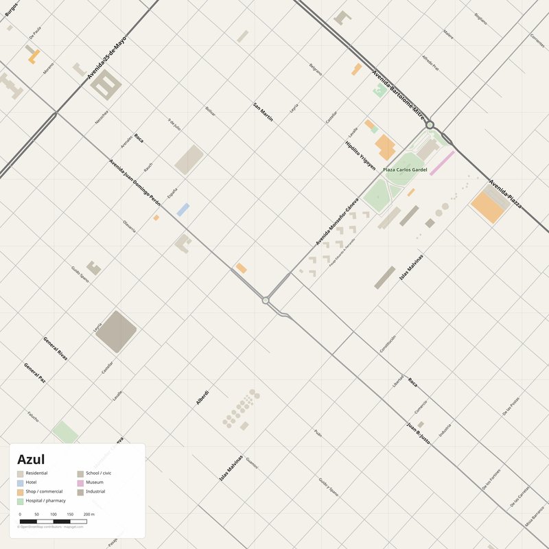 Printable street map poster of Azul, Argentina