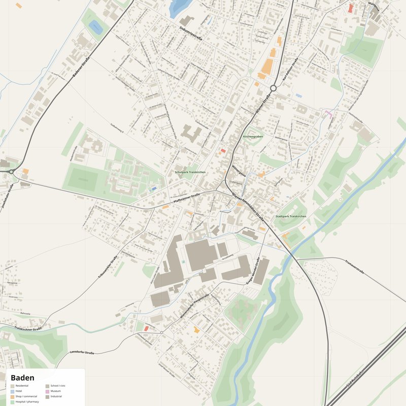 Printable street map poster of Baden, Austria