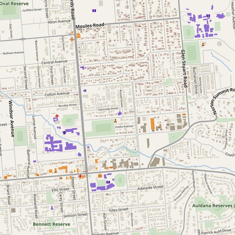 Adelaide Hills map with house numbers, hospitals, police and fire stations — printable PDF, Australia