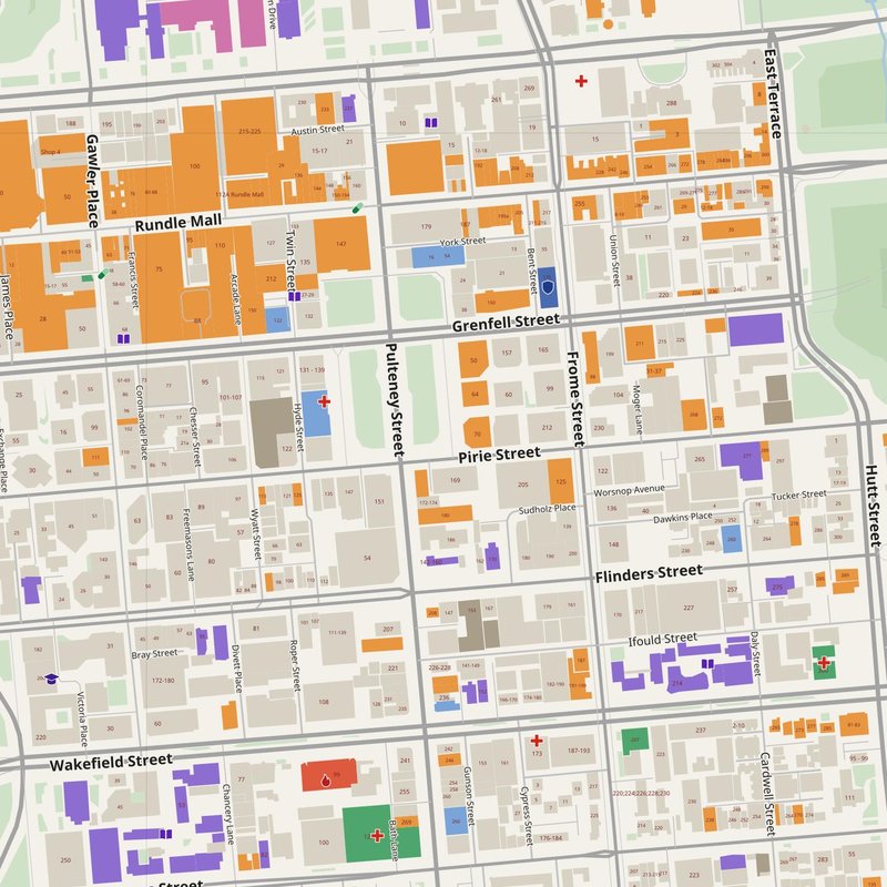 Adelaide map with house numbers, hospitals, police and fire stations — printable PDF, Australia