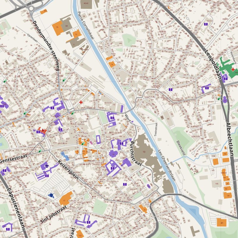 Kaart van Aalst met huisnummers, ziekenhuizen, politie en brandweer — printbare PDF, België