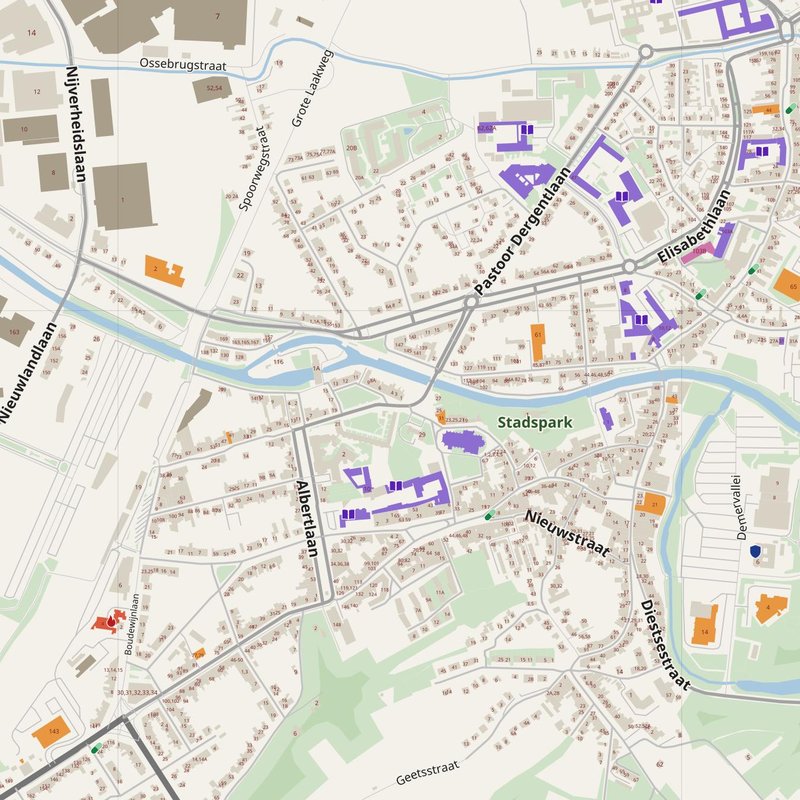 Aarschot map with house numbers, hospitals, police and fire stations — printable PDF, Belgium