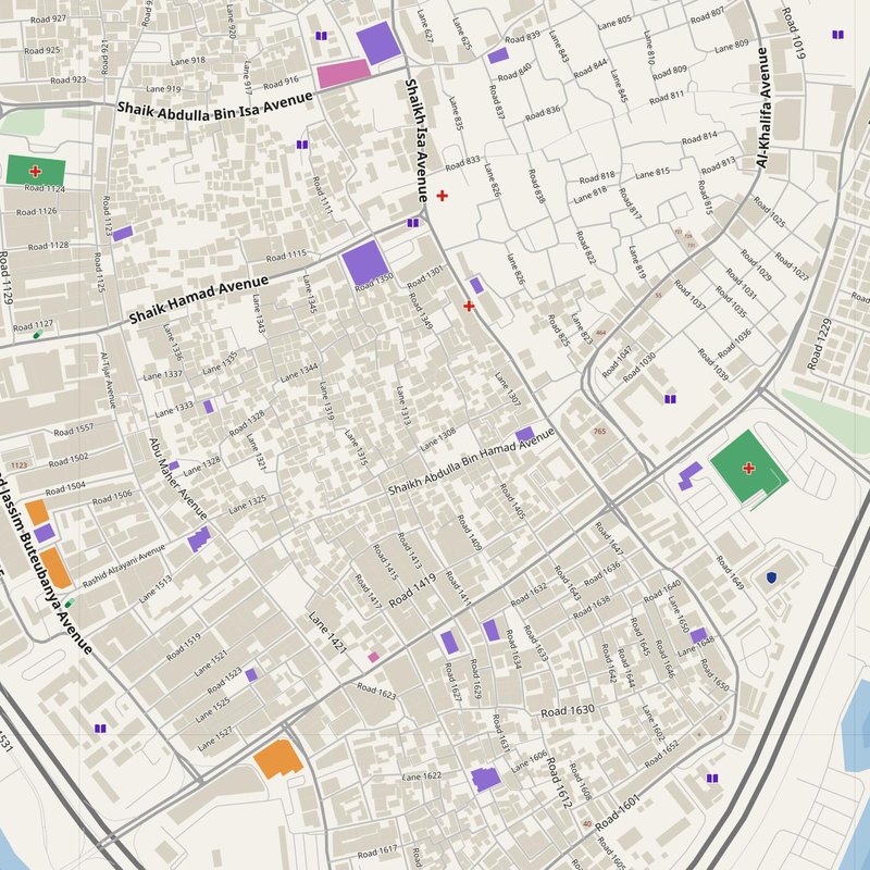 Al Muharraq map with house numbers, hospitals, police and fire stations — printable PDF, Bahrain