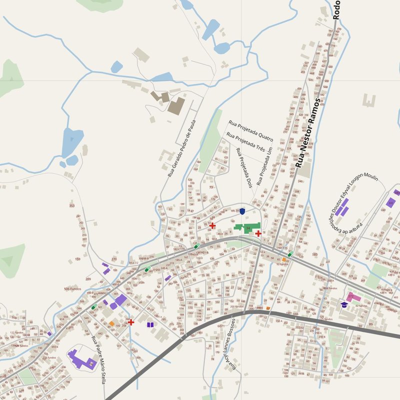 Alegre map with house numbers, hospitals, police and fire stations — printable PDF, Brazil