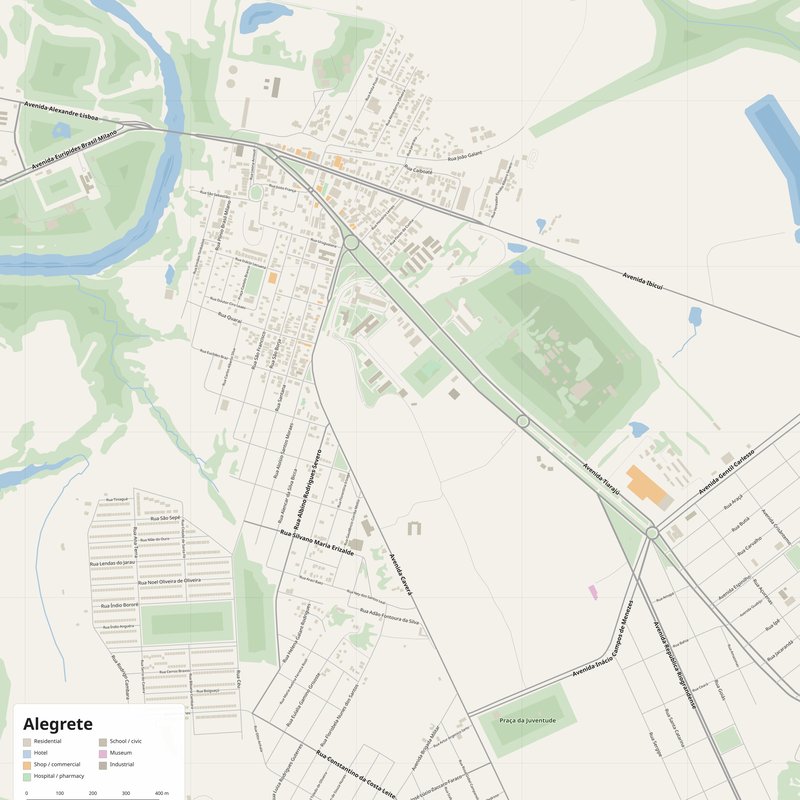 Mapa de Alegrete PDF — planta de ruas imprimível com números de porta