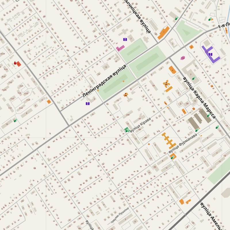 Dzyarzhynsk map with house numbers, hospitals, police and fire stations — printable PDF, Belarus
