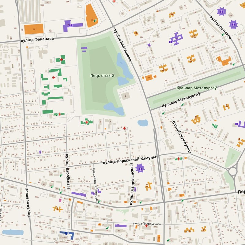 Zhlobin map with house numbers, hospitals, police and fire stations — printable PDF, Belarus