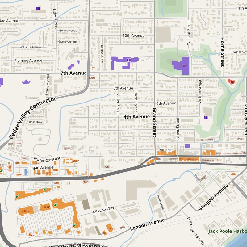Abbotsford map with house numbers, hospitals, police and fire stations — printable PDF, Canada