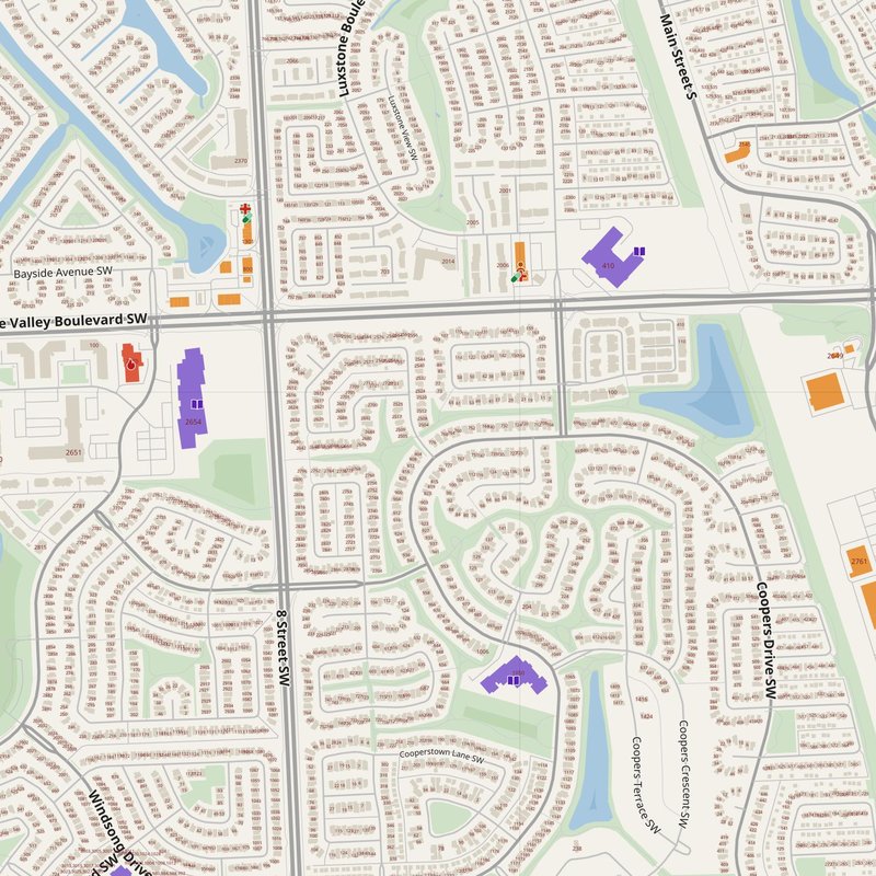 Airdrie map with house numbers, hospitals, police and fire stations — printable PDF, Canada