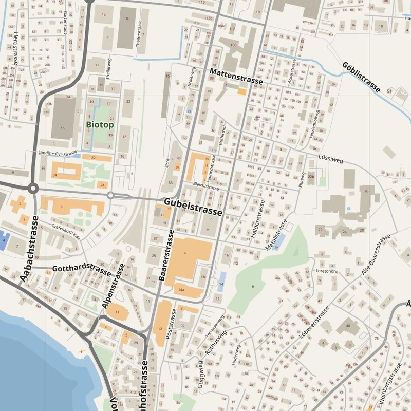 Zug street map with house numbers — printable address map PDF, Switzerland