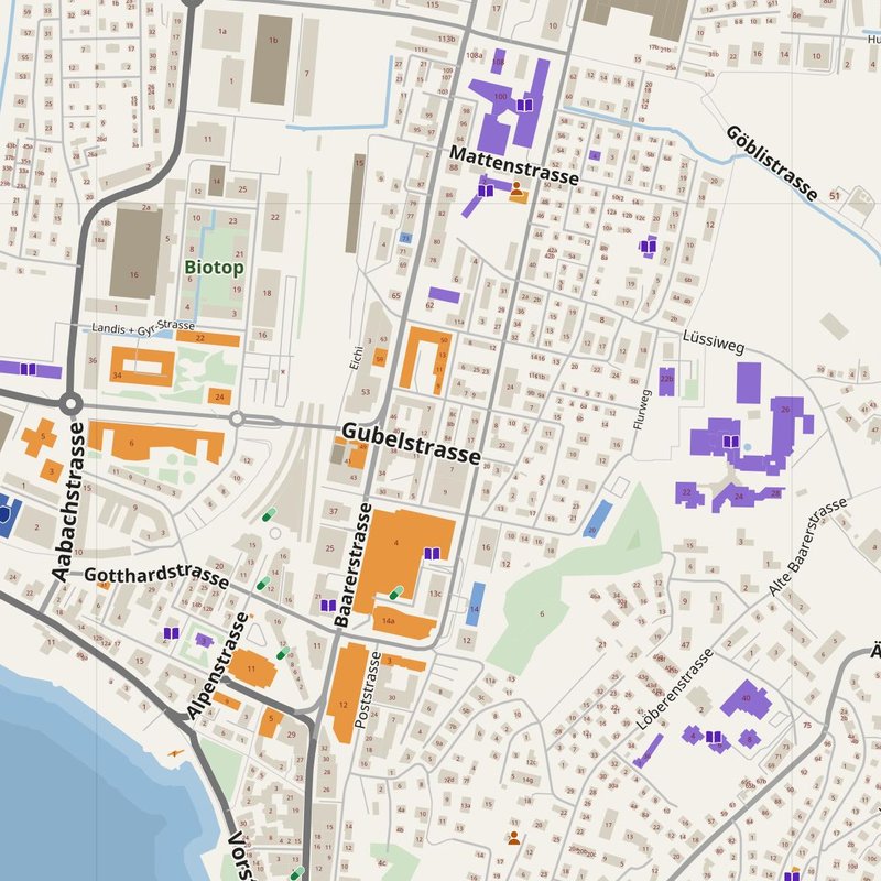Zug map with house numbers, hospitals, police and fire stations — printable PDF, Switzerland