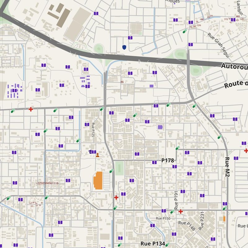 Abidjan map with house numbers, hospitals, police and fire stations — printable PDF, Côte d’Ivoire