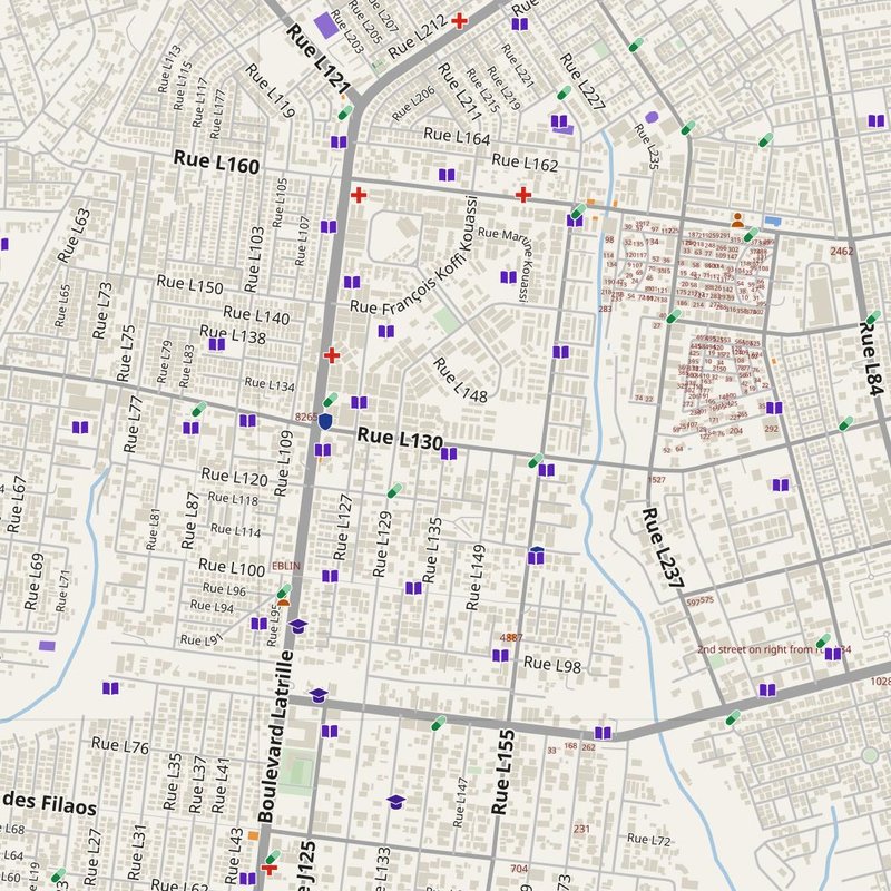 Abobo map with house numbers, hospitals, police and fire stations — printable PDF, Côte d’Ivoire