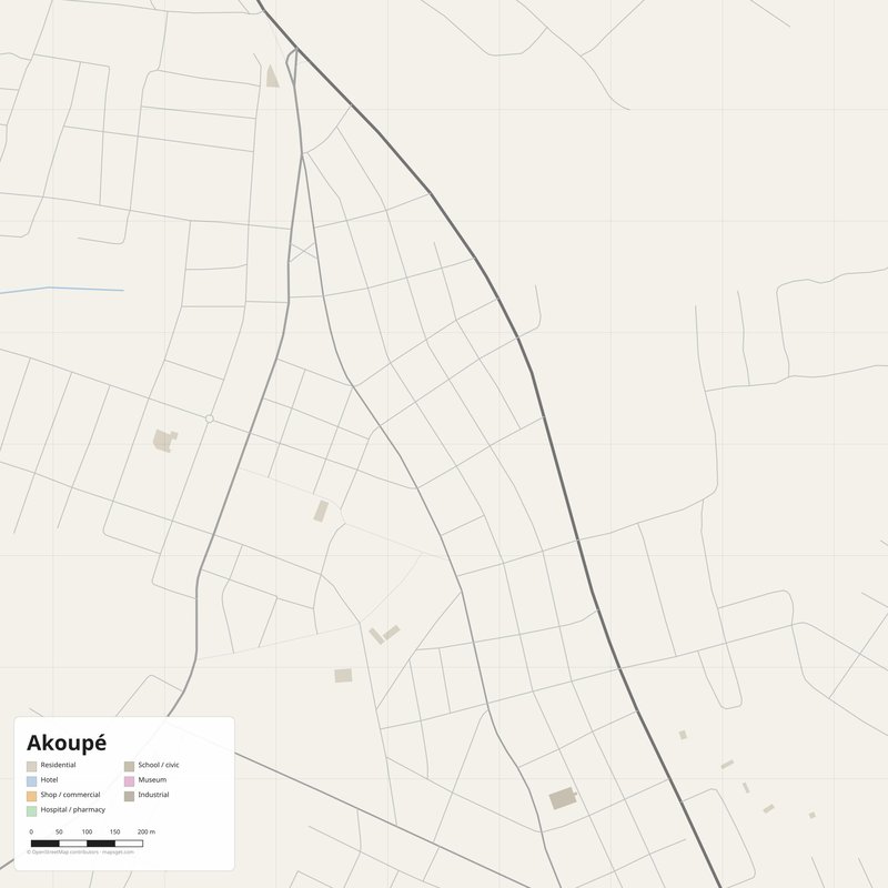 Akoupé Map PDF — Printable Street Map Poster with House Numbers