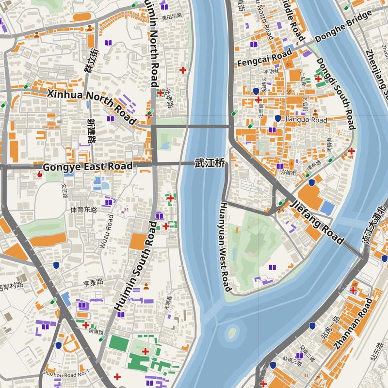 Zhenjiang map with house numbers, hospitals, police and fire stations — printable PDF, China