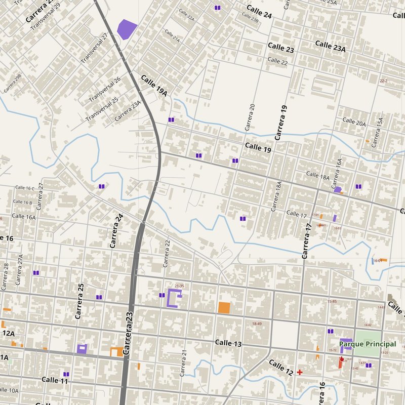 Acacías map with house numbers, hospitals, police and fire stations — printable PDF, Colombia