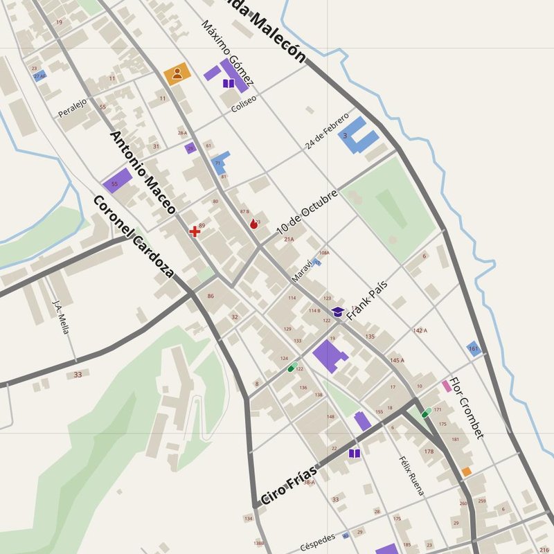 Baracoa map with house numbers, hospitals, police and fire stations — printable PDF, Cuba