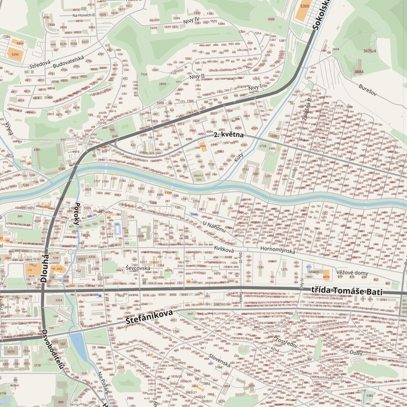 Zlín street map with house numbers — printable address map PDF, Czechia