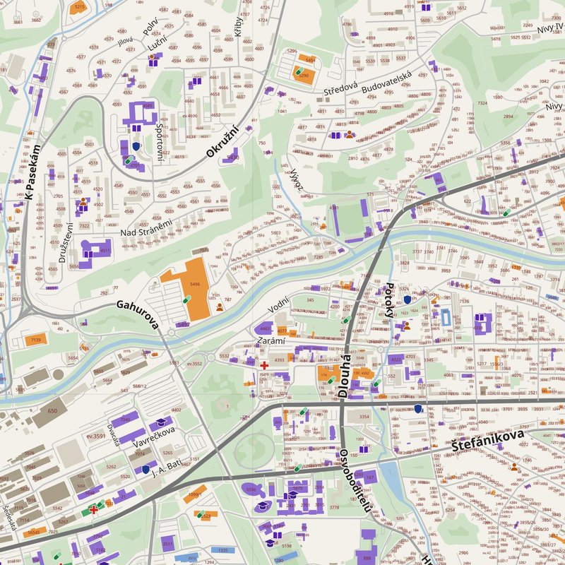 Zlín map with house numbers, hospitals, police and fire stations — printable PDF, Czechia