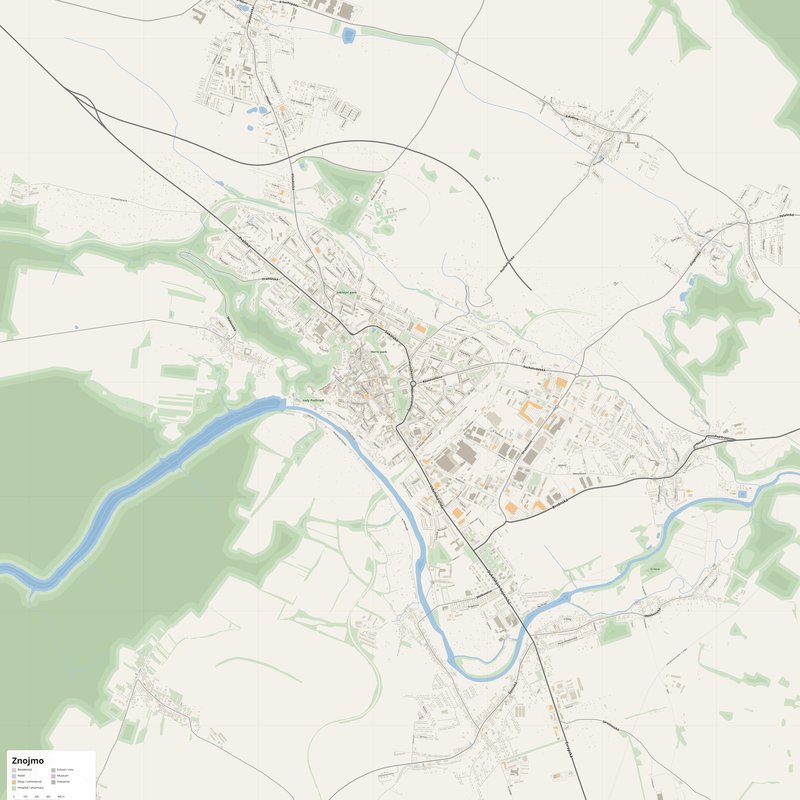 Plano callejero imprimible de Znojmo en póster, Chequia