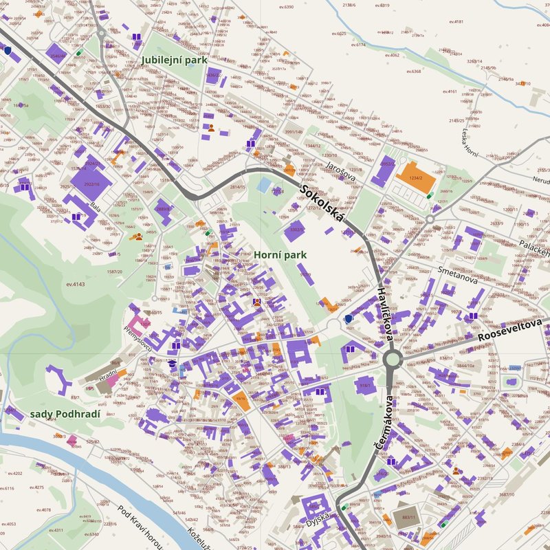 Znojmo map with house numbers, hospitals, police and fire stations — printable PDF, Czechia