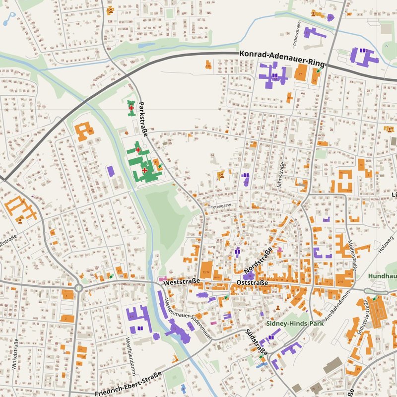 Ahlen map with house numbers, hospitals, police and fire stations — printable PDF, Germany