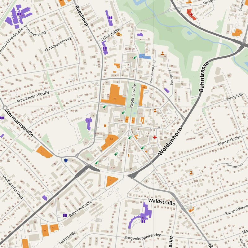 Ahrensburg map with house numbers, hospitals, police and fire stations — printable PDF, Germany