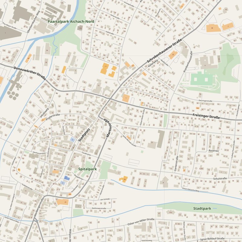 Aichach street map with house numbers — printable address map PDF, Germany