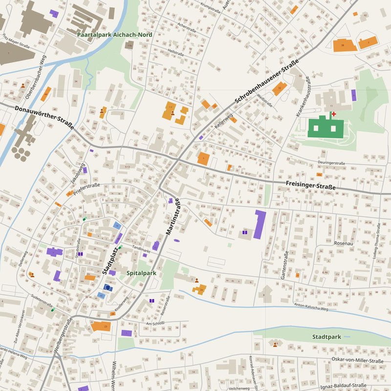 Aichach map with house numbers, hospitals, police and fire stations — printable PDF, Germany