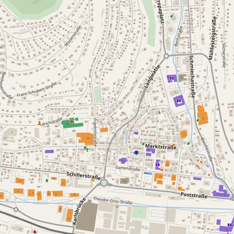 Albstadt map with house numbers, hospitals, police and fire stations — printable PDF, Germany