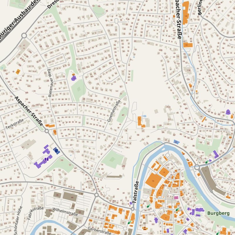 Backnang map with house numbers, hospitals, police and fire stations — printable PDF, Germany