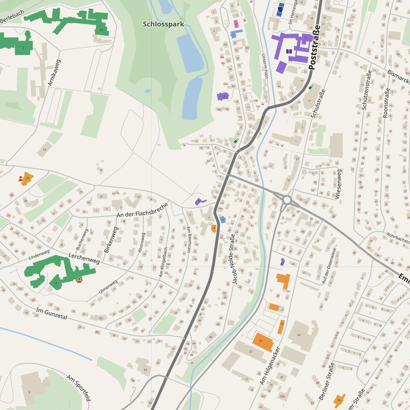 Bad Berleburg map with house numbers, hospitals, police and fire stations — printable PDF, Germany