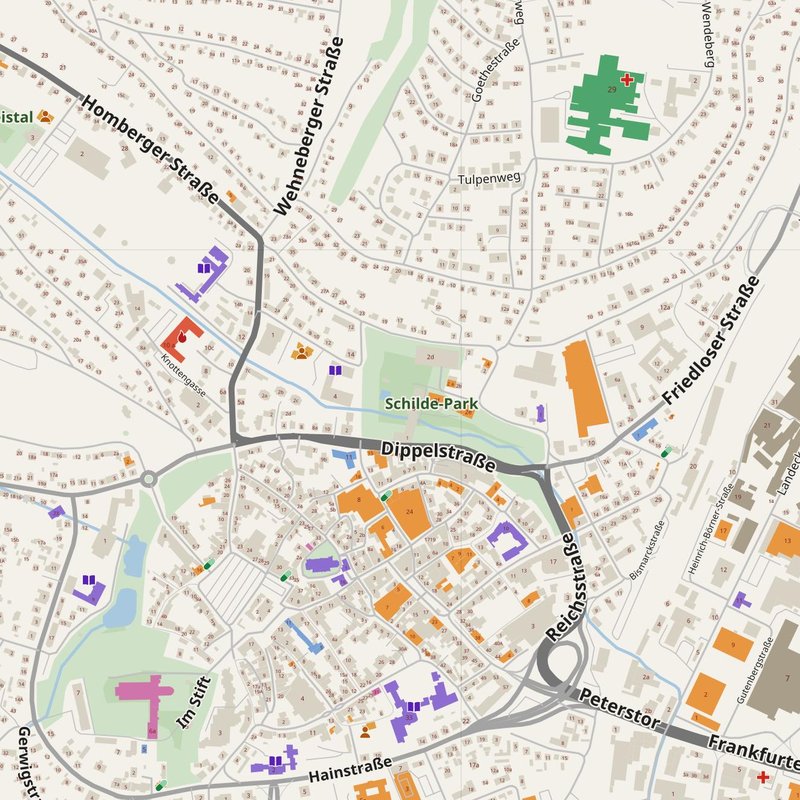 Bad Hersfeld map with house numbers, hospitals, police and fire stations — printable PDF, Germany