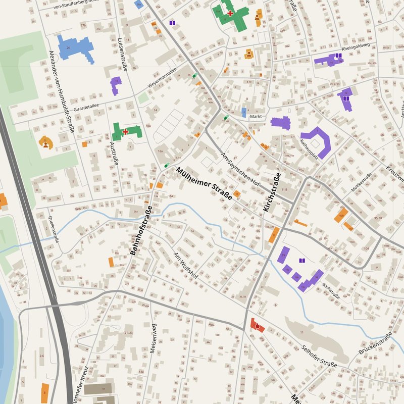 Bad Honnef map with house numbers, hospitals, police and fire stations — printable PDF, Germany
