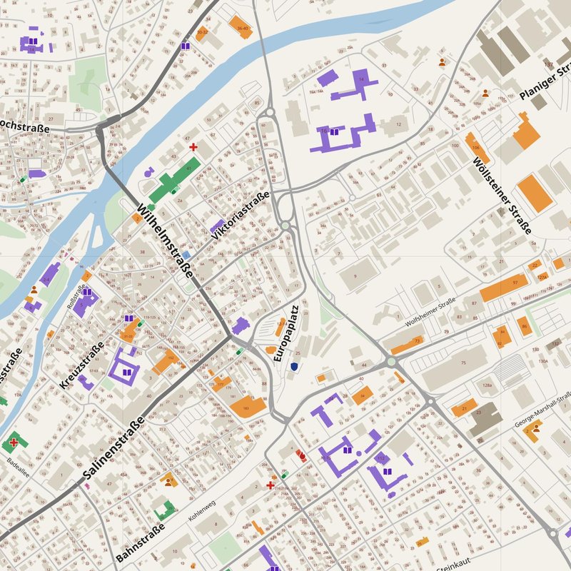 Bad Kreuznach map with house numbers, hospitals, police and fire stations — printable PDF, Germany
