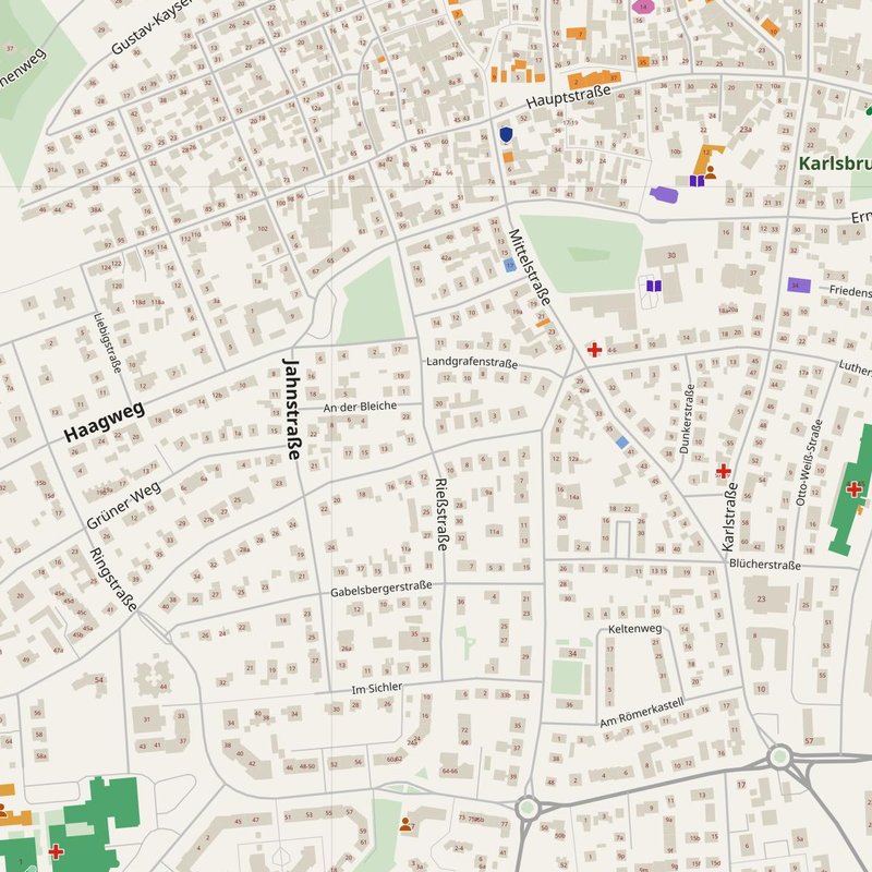 Bad Nauheim map with house numbers, hospitals, police and fire stations — printable PDF, Germany