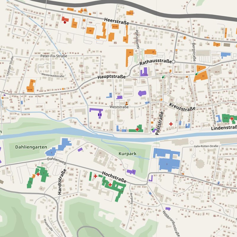 Bad Neuenahr-Ahrweiler map with house numbers, hospitals, police and fire stations — printable PDF, Germany