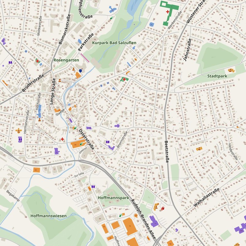 Bad Salzuflen map with house numbers, hospitals, police and fire stations — printable PDF, Germany