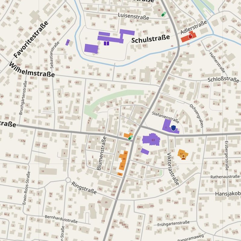Baden-Baden map with house numbers, hospitals, police and fire stations — printable PDF, Germany