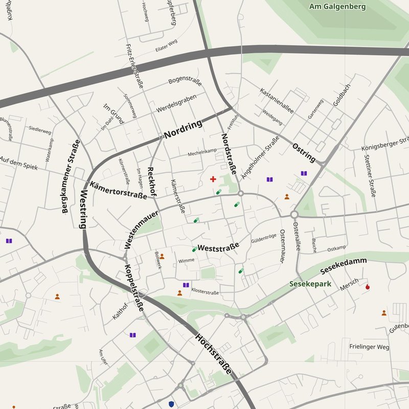Bergkamen map with house numbers, hospitals, police and fire stations — printable PDF, Germany