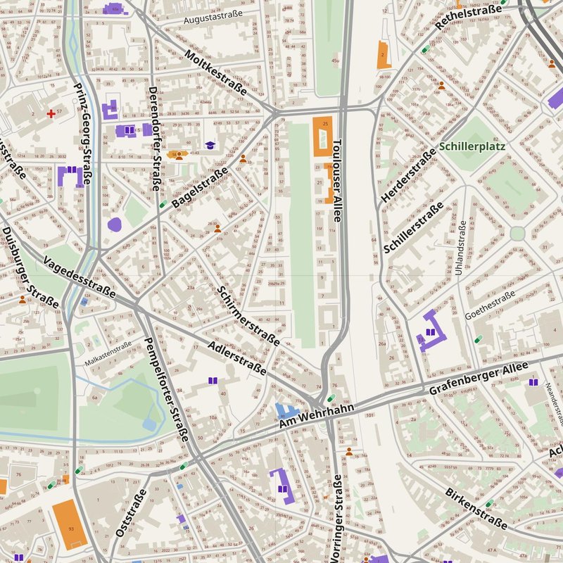 Neuss map with house numbers, hospitals, police and fire stations — printable PDF, Germany