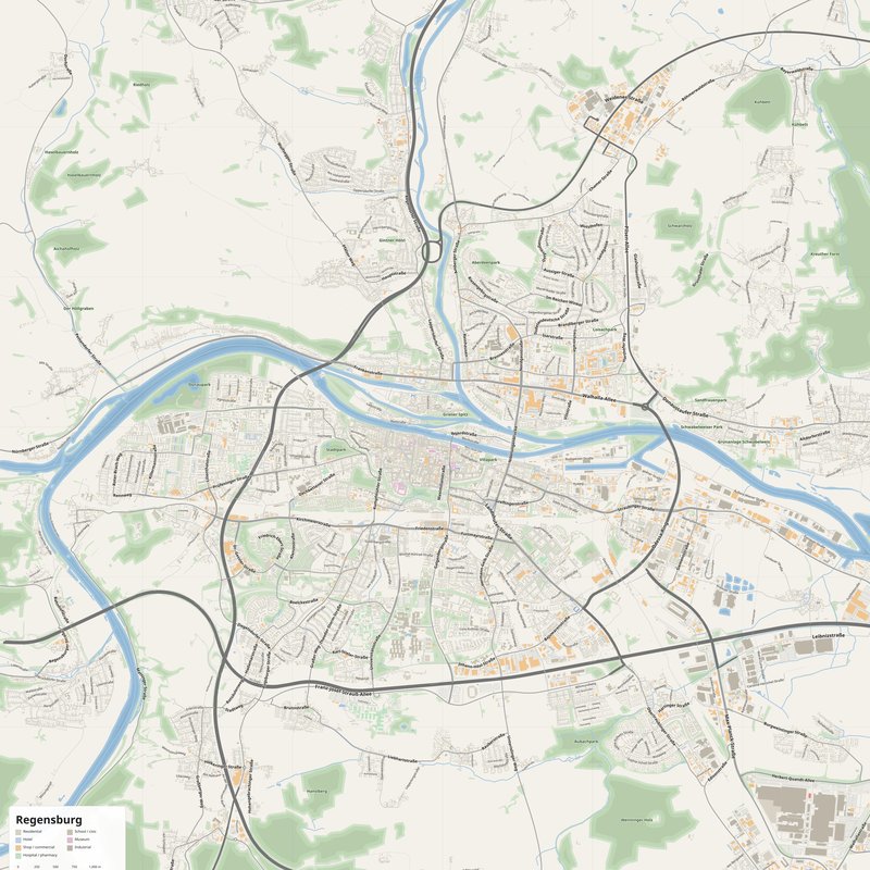 Regensburg Map PDF — Printable Street Map Poster with House Numbers