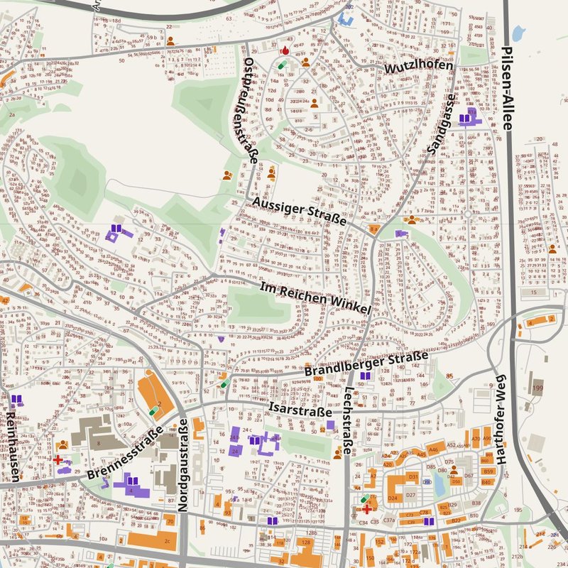 Regensburg map with house numbers, hospitals, police and fire stations — printable PDF, Germany