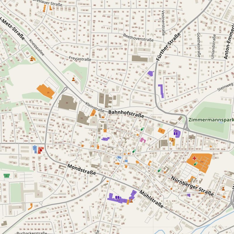 Zirndorf map with house numbers, hospitals, police and fire stations — printable PDF, Germany