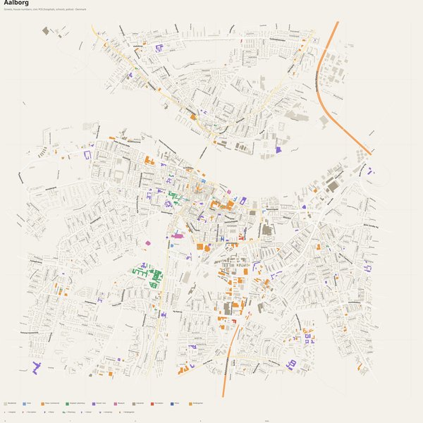 Aalborg map with house numbers, hospitals, police and fire stations — printable PDF, Denmark